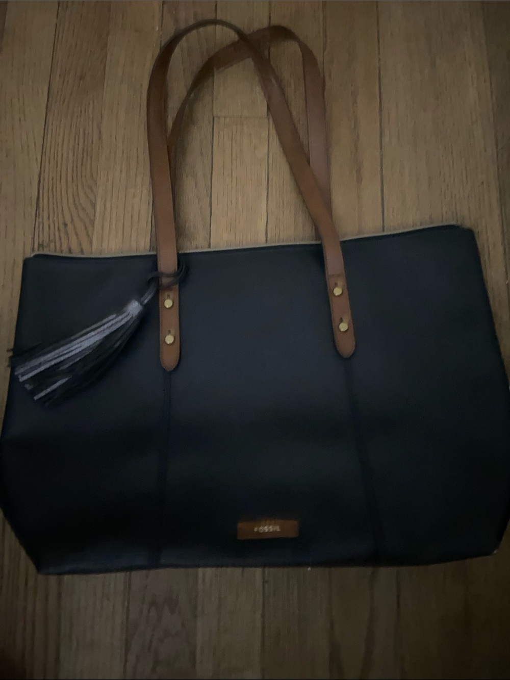 Fossil Black Tote with Brown Straps and Tassel